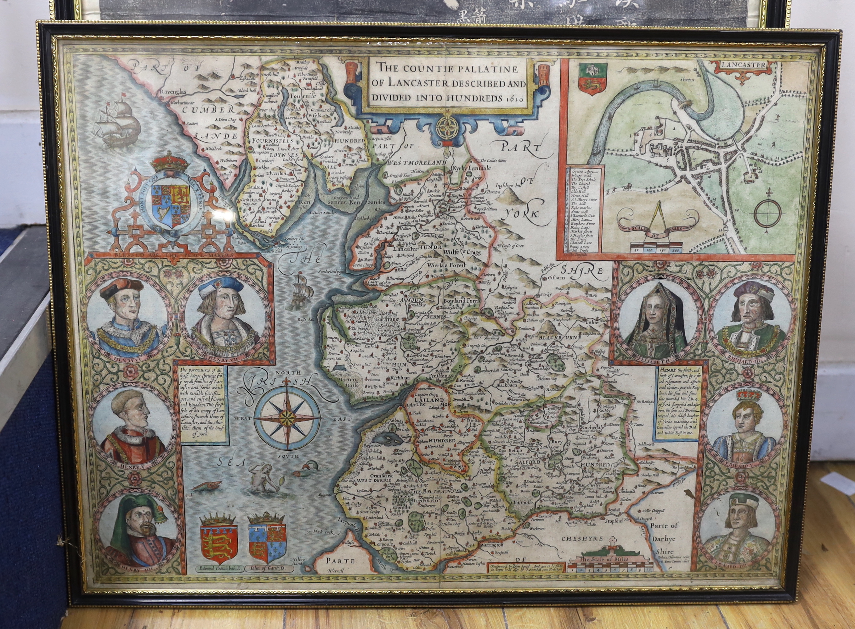 After John Speed (1552-1629), hand-coloured engraved map, ‘The Countie Palletine of Lancaster Described and Divided into Hundreds’, 1610, text verso, 53 x 40cm